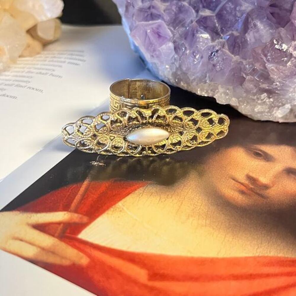 Stunning Vintage Brass Filigree Ring with Faux Pearl Center Stone Art to Wear